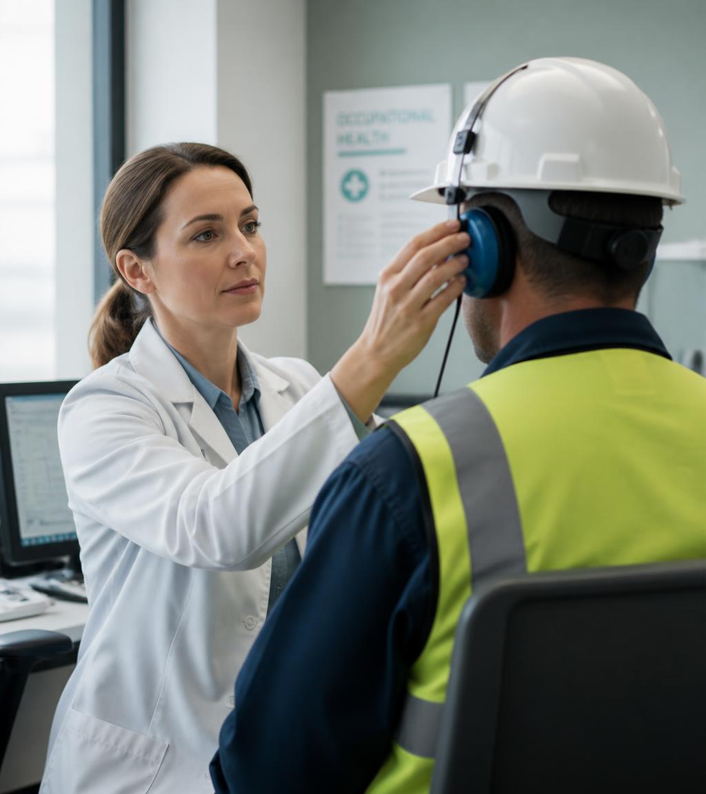 Médica do trabalho realizando exame ocupacional em trabalhador com capacete e colete de segurança